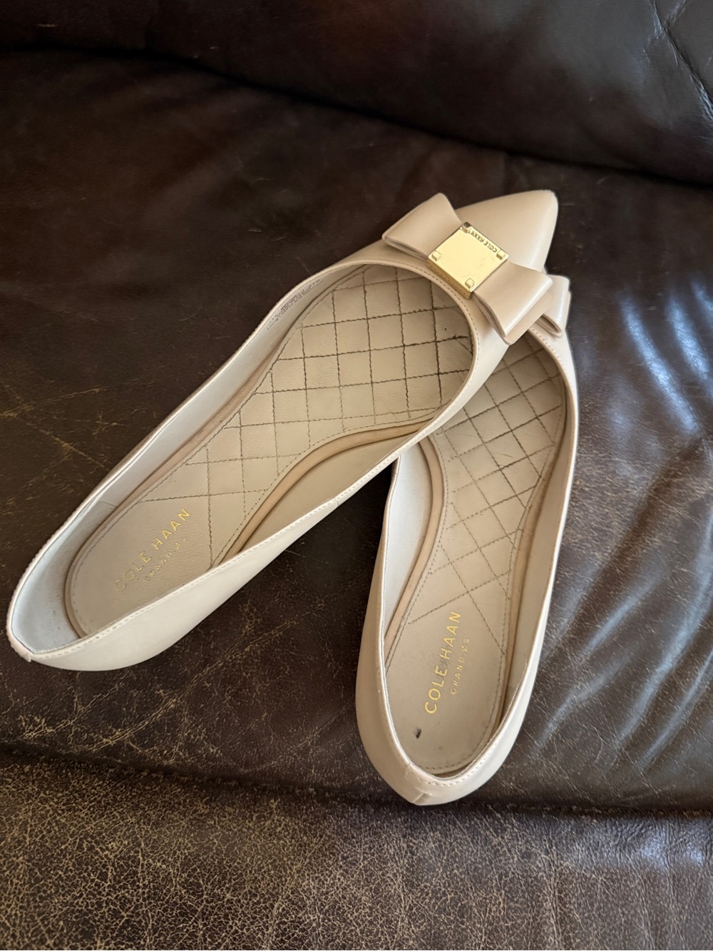 Cole Haan Neutral Beige Pointed-Toe Bow Flats